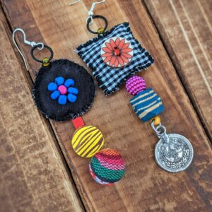 Fabric & Bead Earrings – Black Checkered