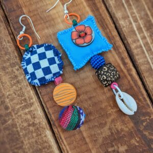 Fabric & Bead Earrings – Blue Checkered