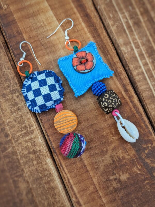 Fabric & Bead Earrings – Blue Checkered