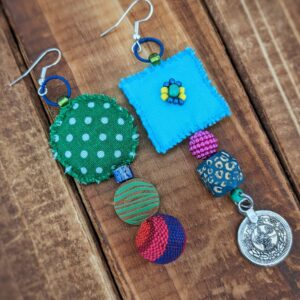 Fabric & Bead Earrings – Green Polka